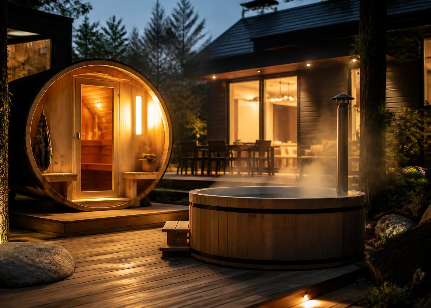 Backyard wellness retreat with a sauna and cold plunge at dusk