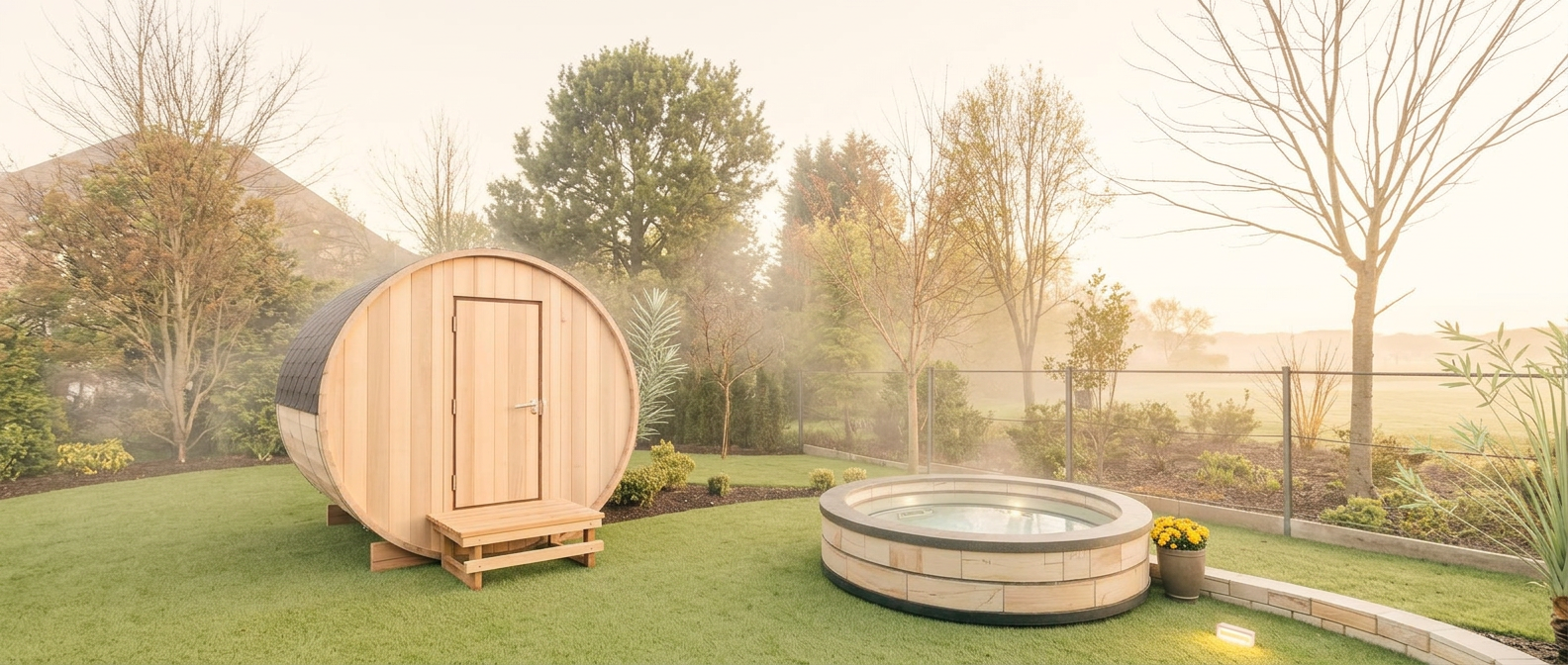Cedar barrel sauna glowing warmly in a landscaped backyard at night