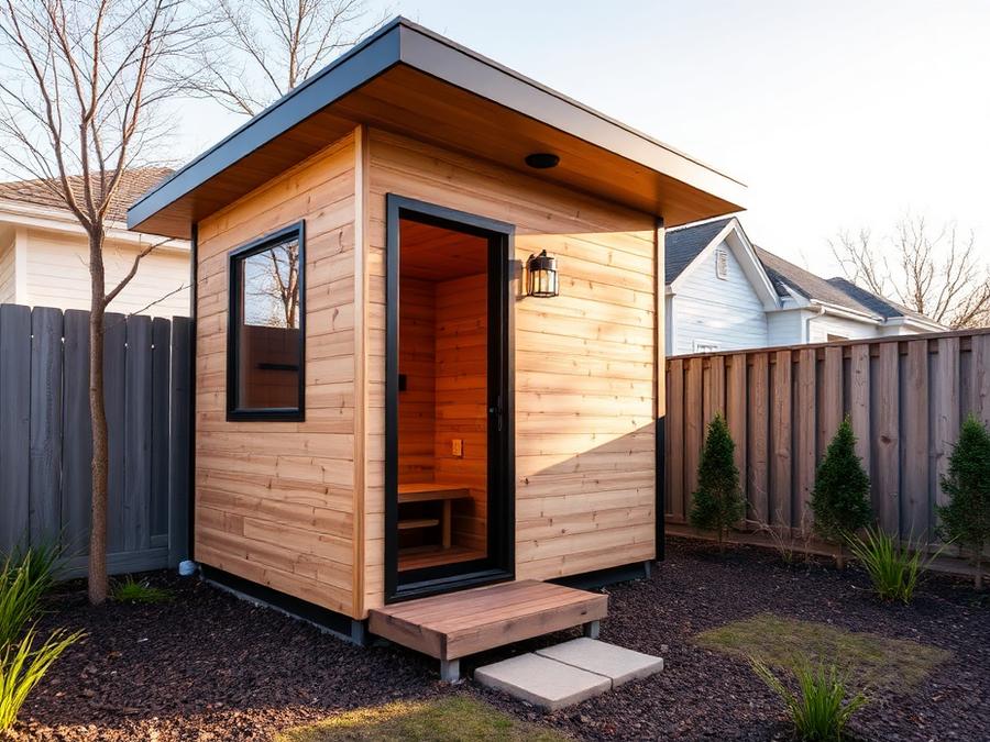 Modern cedar cube sauna installed in a suburban backyard