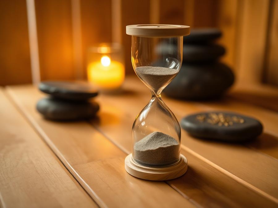 Hourglass timer resting on a cedar sauna bench beside sauna stones