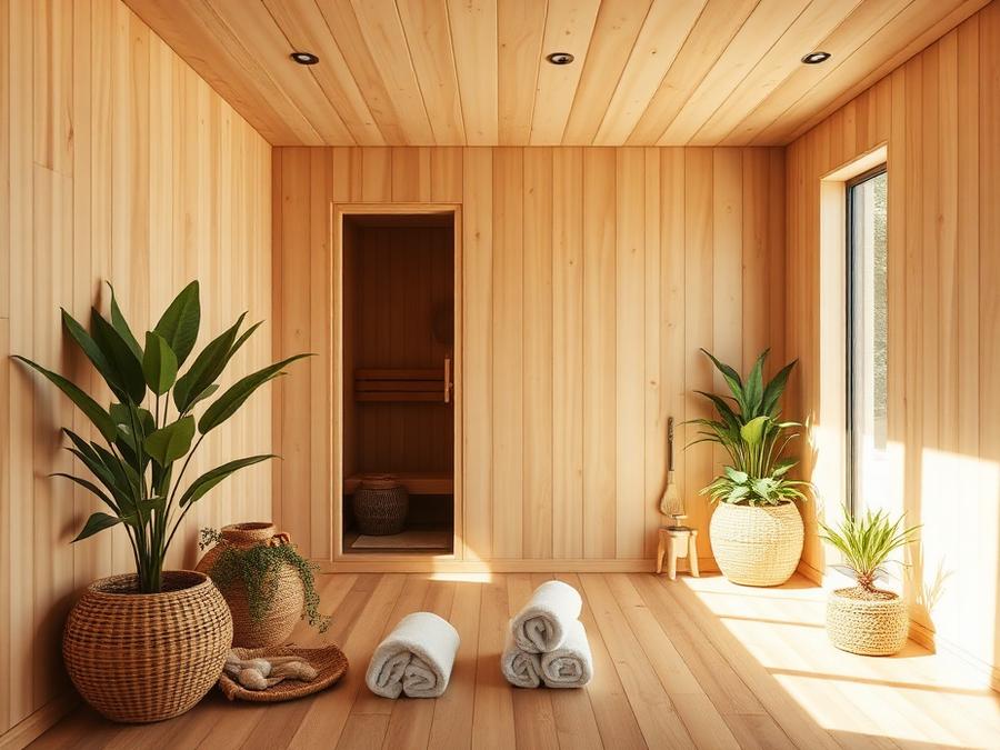 Bright home wellness room with light wood walls, indoor sauna and plants