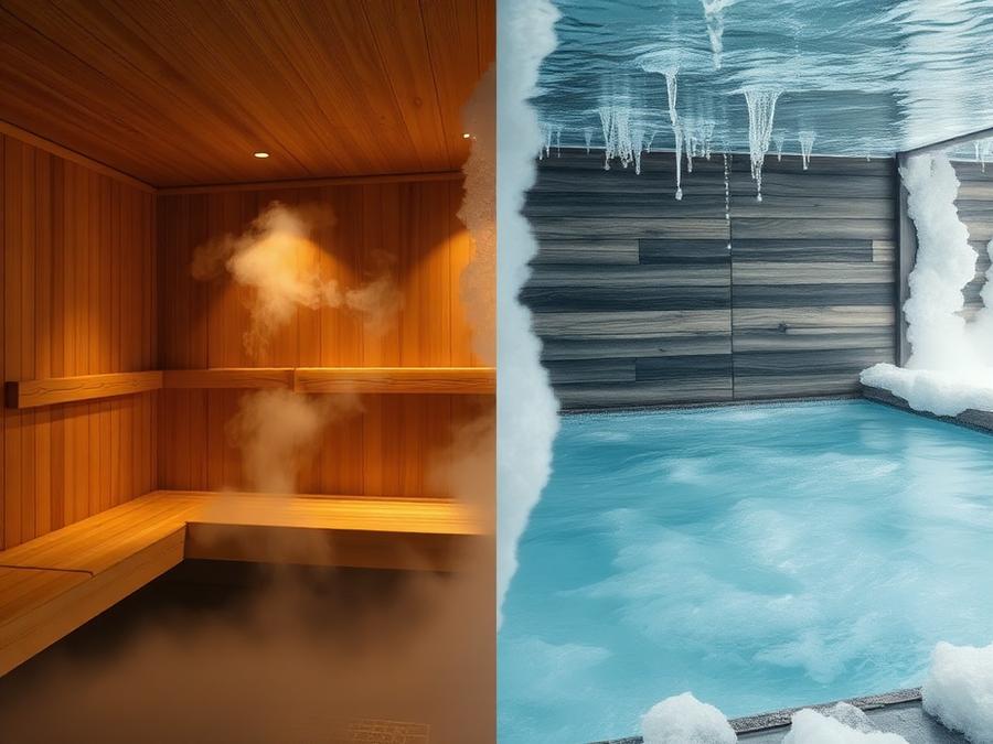 Split image of a steamy sauna interior next to icy cold plunge water