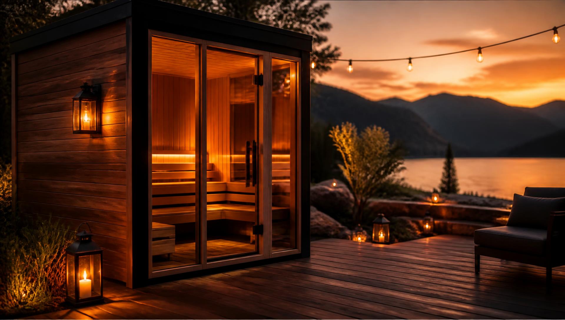 Modern cedar outdoor sauna glowing at sunset on a luxury backyard deck overlooking a lake