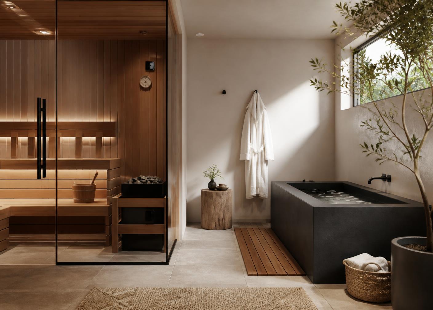 Home wellness room with an indoor cedar sauna and a cold plunge tub