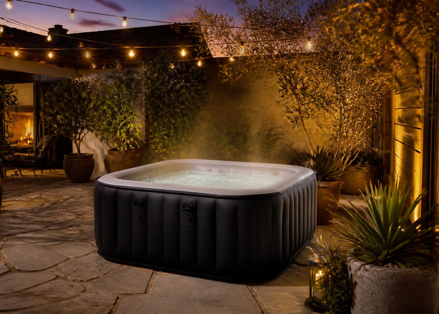 Inflatable spa on a stone patio surrounded by planting and warm string lights at dusk
