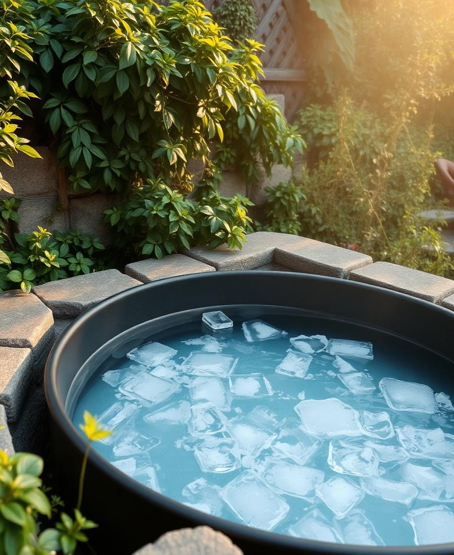 Black outdoor cold plunge tub filled with ice water surrounded by greenery
