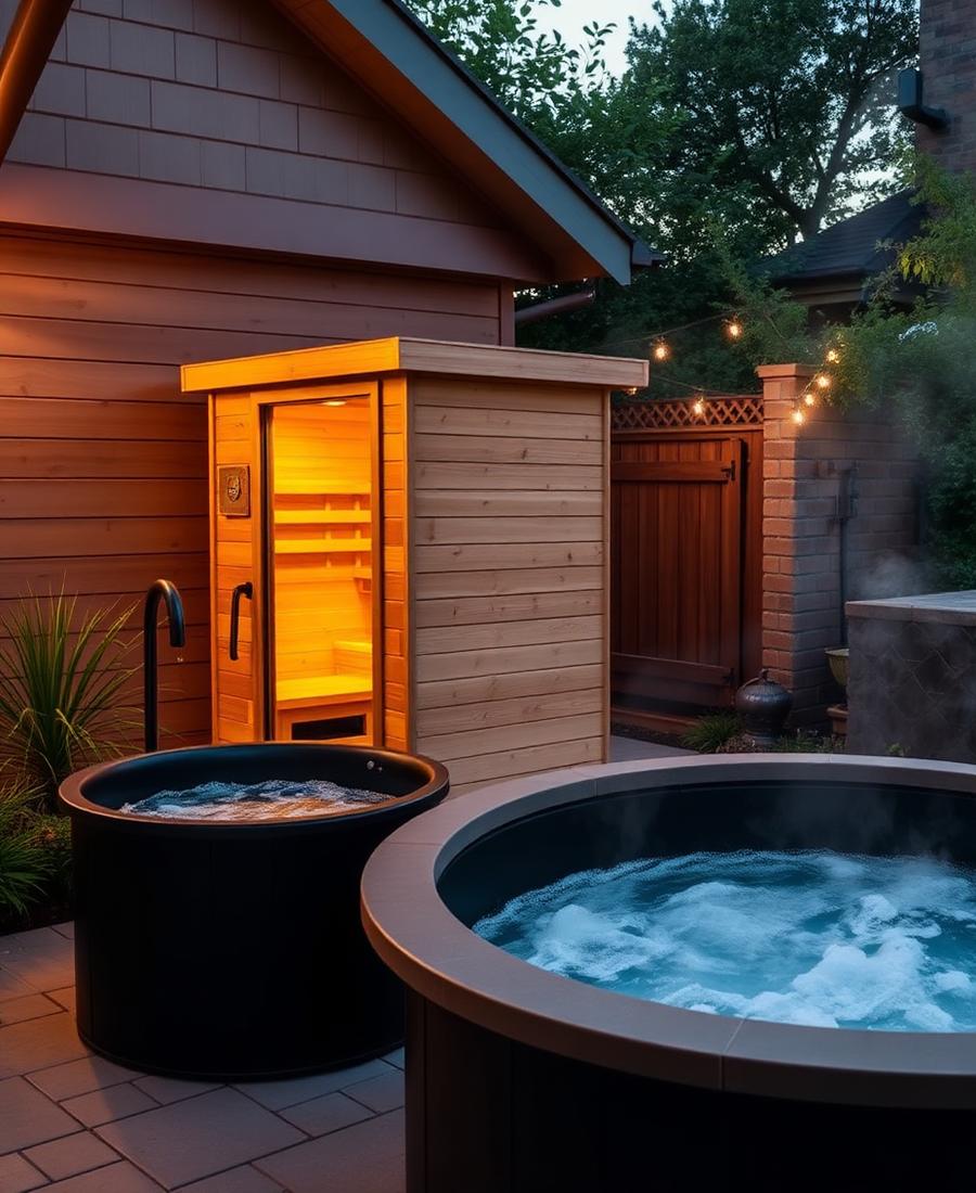 Backyard setup pairing a glowing cedar sauna with a black cold plunge tub at dusk