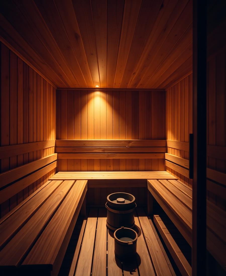 Warmly lit cedar sauna interior with wooden benches and sauna bucket