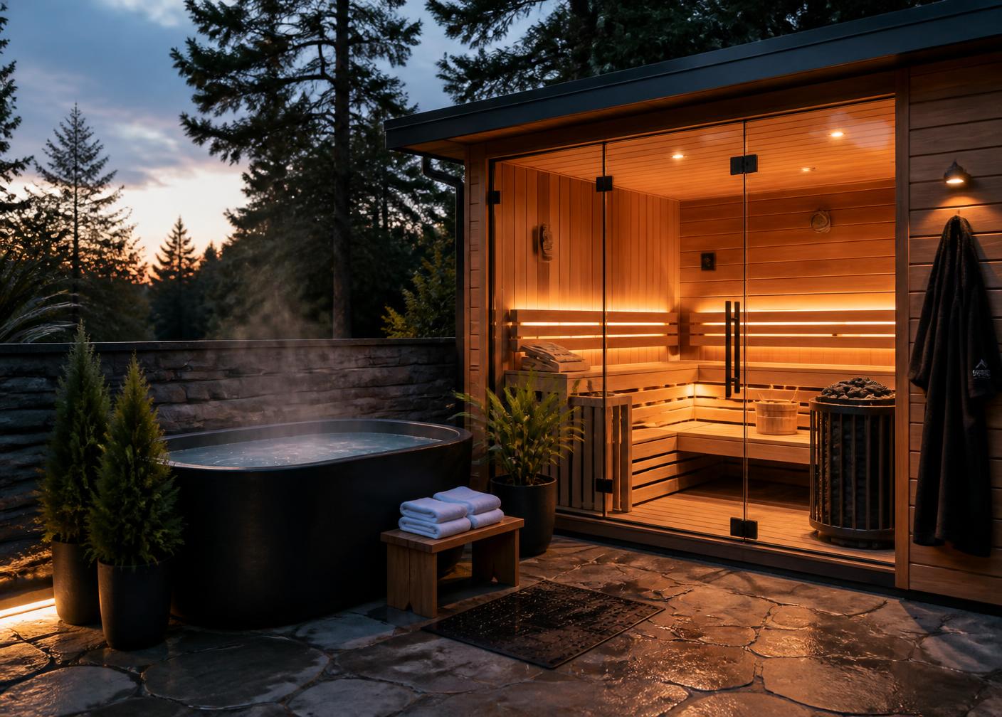 Premium cedar sauna glowing beside a black cold plunge tub on a stone patio at dusk