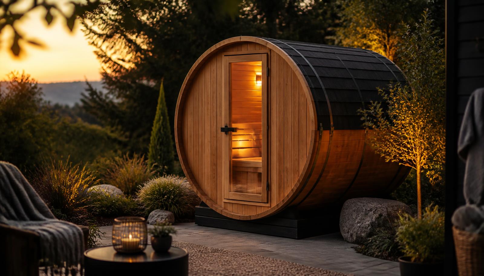 Premium cedar barrel sauna in a landscaped backyard at golden hour